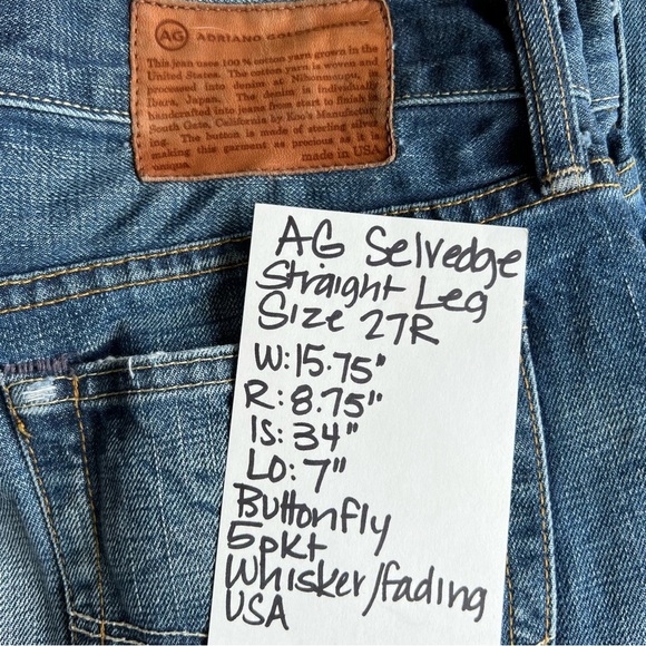 AG Straight Leg Selvedge Jeans Distressed Ripped Knees Medium Blue Wash - Picture 11 of 11